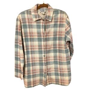 Vintage X Teddi Corduroy Pink Green Cream Plaid Flannel Medium